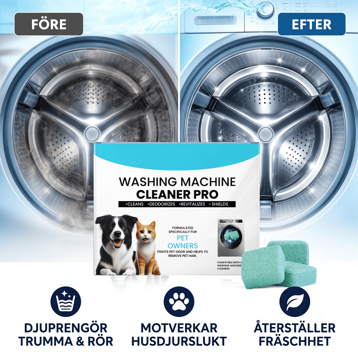 WashCore – Rengöringstabletter för Tvättmaskin mot Djurhår och Lukt – Djuprengöring