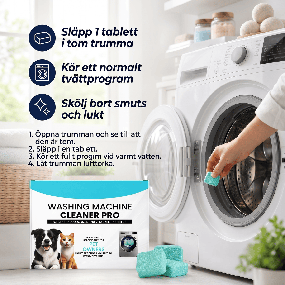 WashCore – Rengöringstabletter för Tvättmaskin mot Djurhår och Lukt – Djuprengöring