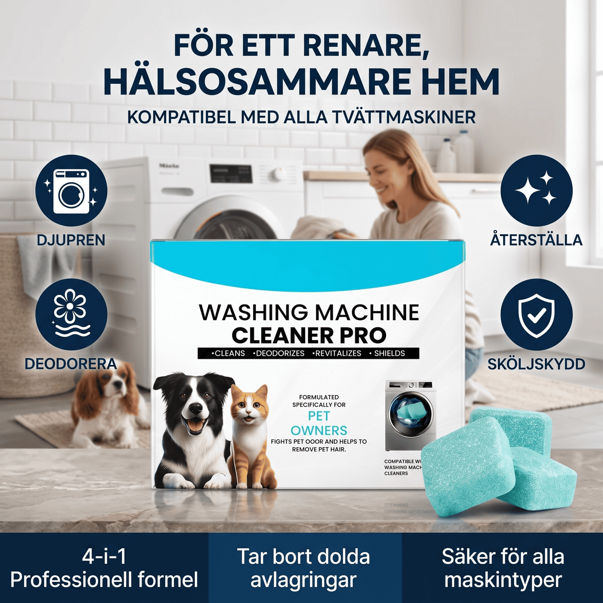 WashCore – Rengöringstabletter för Tvättmaskin mot Djurhår och Lukt – Djuprengöring