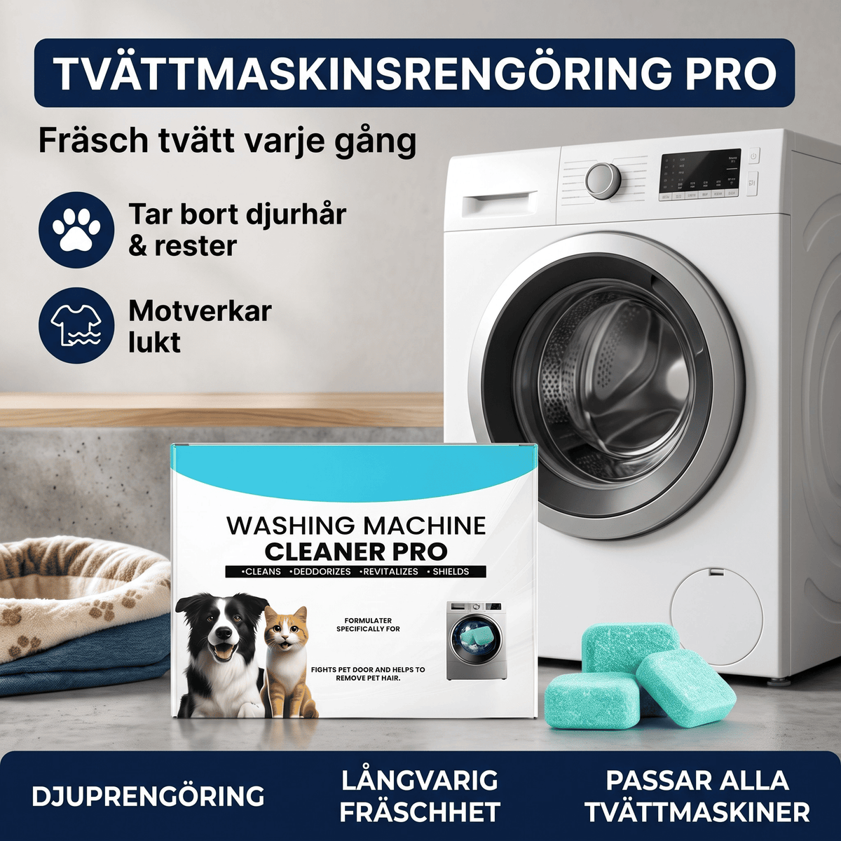 WashCore – Rengöringstabletter för Tvättmaskin mot Djurhår och Lukt – Djuprengöring