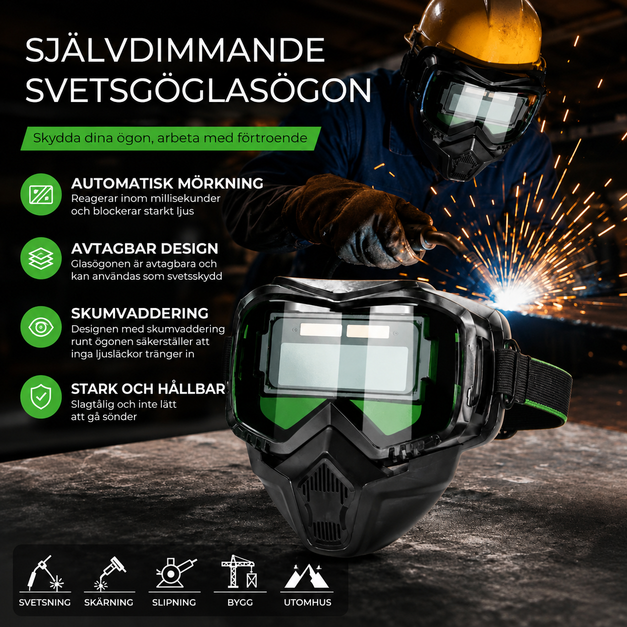 Svetsmask med automatisk nedbländning och kolfilter
