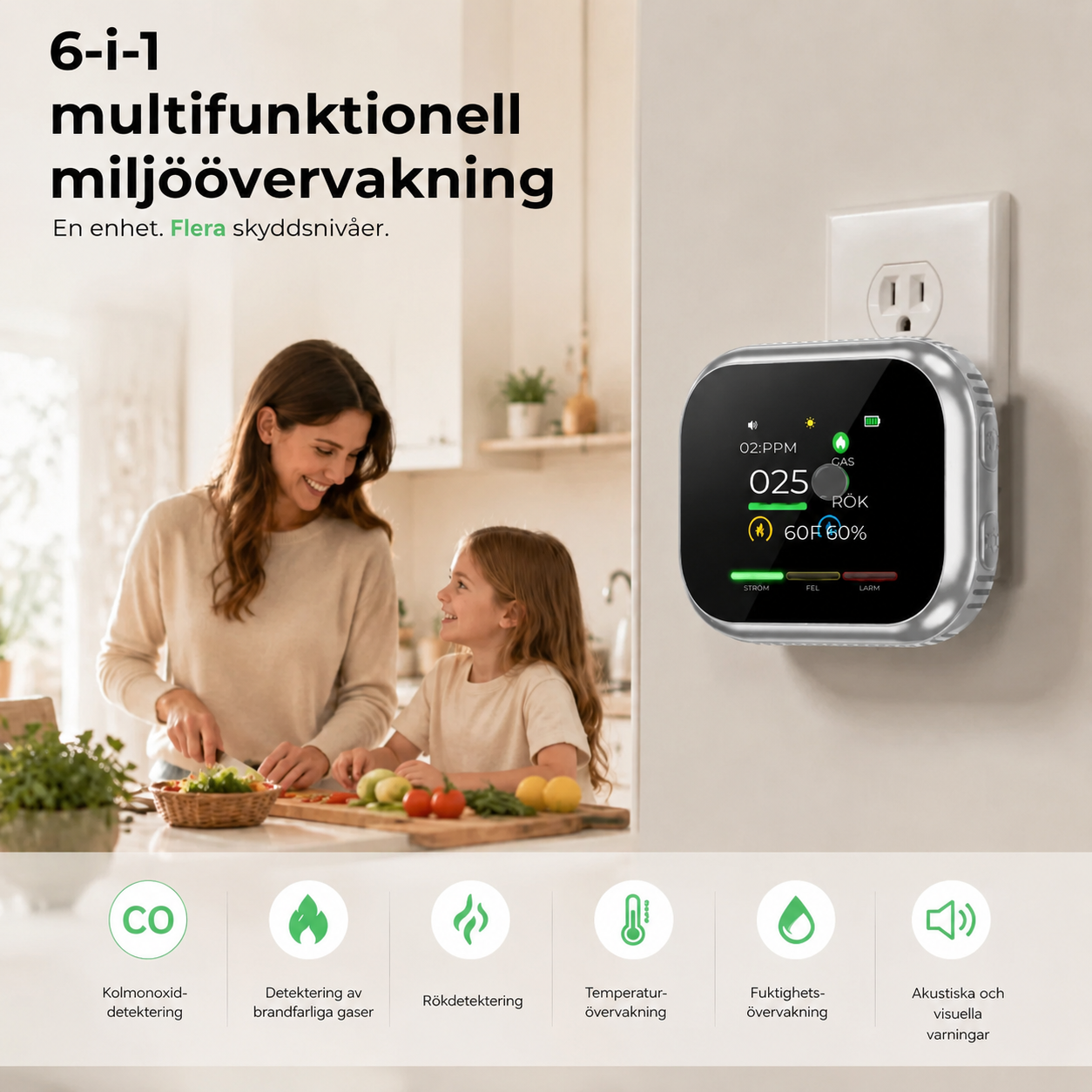 6-i-1 smart säkerhetsdetektor – upptäcker upp till 12 olika gaser