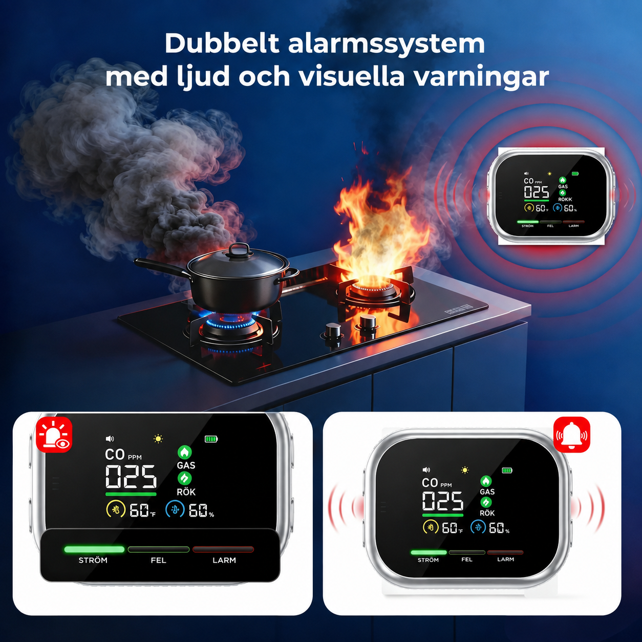 6-i-1 smart säkerhetsdetektor – upptäcker upp till 12 olika gaser