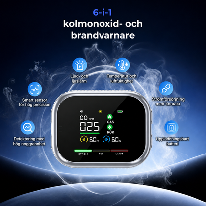 6-i-1 smart säkerhetsdetektor – upptäcker upp till 12 olika gaser